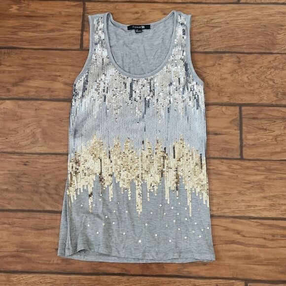 Forever 21 gray women's large gray tank top silver and gold bling sequins - Picture 1 of 5
